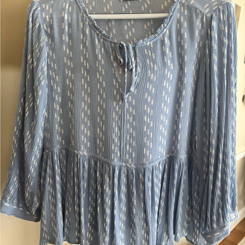 SO Gray and Blue Tie Front Peplum Blouse